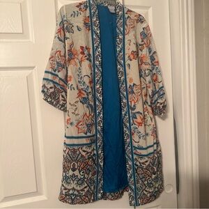 Chico's Paisley Print Open Front Duster in Cream, Teal and Orange kimono